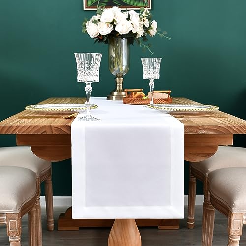 NEWISHER Farmhouse Rustic Table Runner Solid White Rectangular Table Runners Faux Linen Table Runner for Everyday Use Kitchen Dining Party Table 13x48 Inch - Image 3