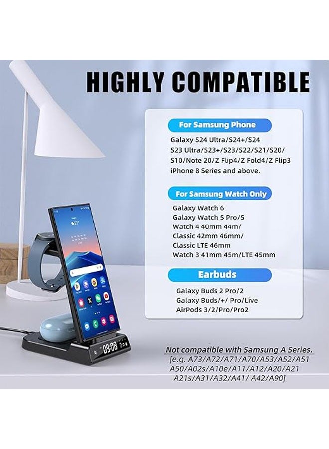 Wireless Charger,  S24 Ultra/S23 Ultra/Z Flip 5 Charging Station with Clock, Watch Charger for Galaxy Watch 6/5 Pro, Wireless Phone Charger for Galaxy Buds Pro/2 - Image 2