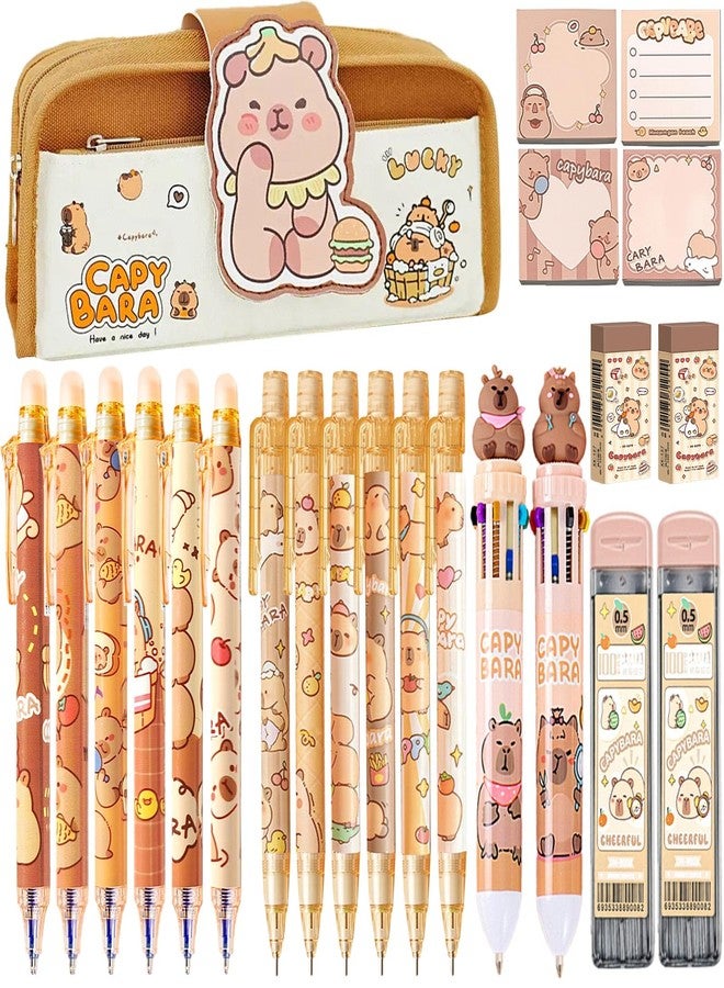 Daphilly Capybara School Supplies Capybara Stationery Set Cute Stationery Gift Set Kawaii Back to School Supplies Including Mechanical Pencils,Erasers,Erasable Gel Pens,Pencil Holder,Sticky Notes - Image 1