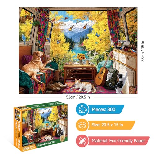 EIYRURU 300 Piece Puzzles for Adults Large Piece Fall Van Dog Cats Birds Nature Jigsaw Puzzle Funny Gift for Adult Kids Challenging Puzzle Perfect for Game Nights 205 X 15 in - Image 5