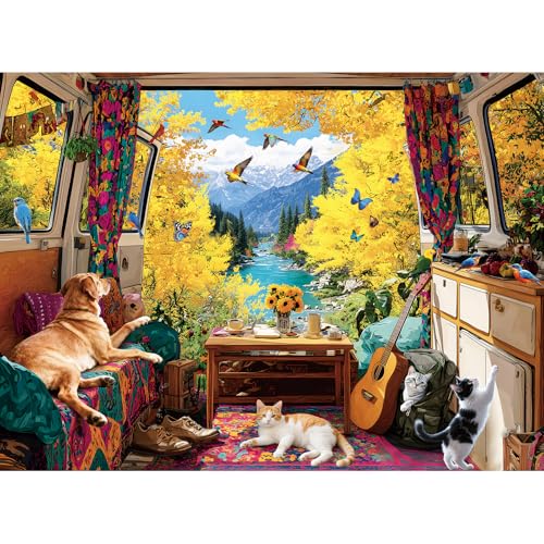 EIYRURU 300 Piece Puzzles for Adults Large Piece Fall Van Dog Cats Birds Nature Jigsaw Puzzle Funny Gift for Adult Kids Challenging Puzzle Perfect for Game Nights 205 X 15 in - Image 1