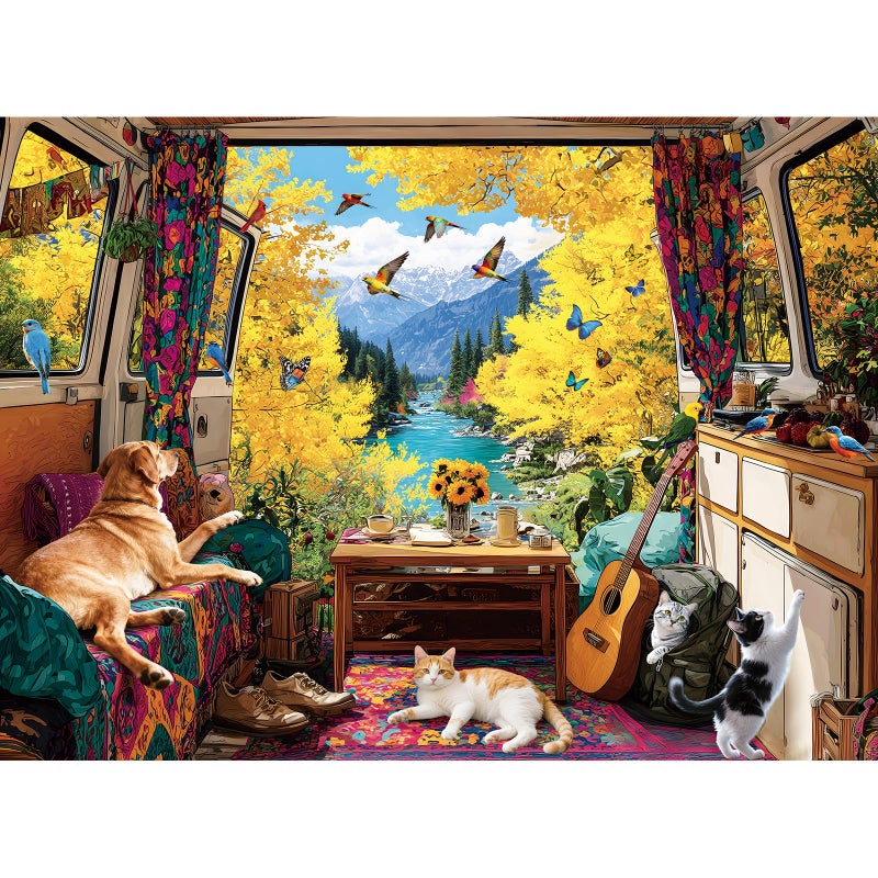 EIYRURU 300 Piece Puzzles for Adults Large Piece Fall Van Dog Cats Birds Nature Jigsaw Puzzle Funny Gift for Adult Kids Challenging Puzzle Perfect for Game Nights 205 X 15 in - Image 3