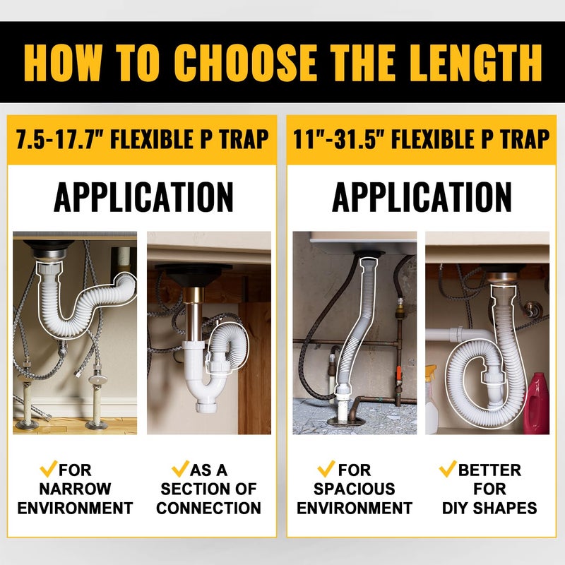 Vivida 1-1/2"" Sink Drain Pipe Kit  Flexible Drain Pipe P Trap  7.5""-17.7"" Flexible P Trap  Under Sink Plumbing For Bathroom & Kitchen  1-1/4"" Adapter Included  1 Pack - Image 3