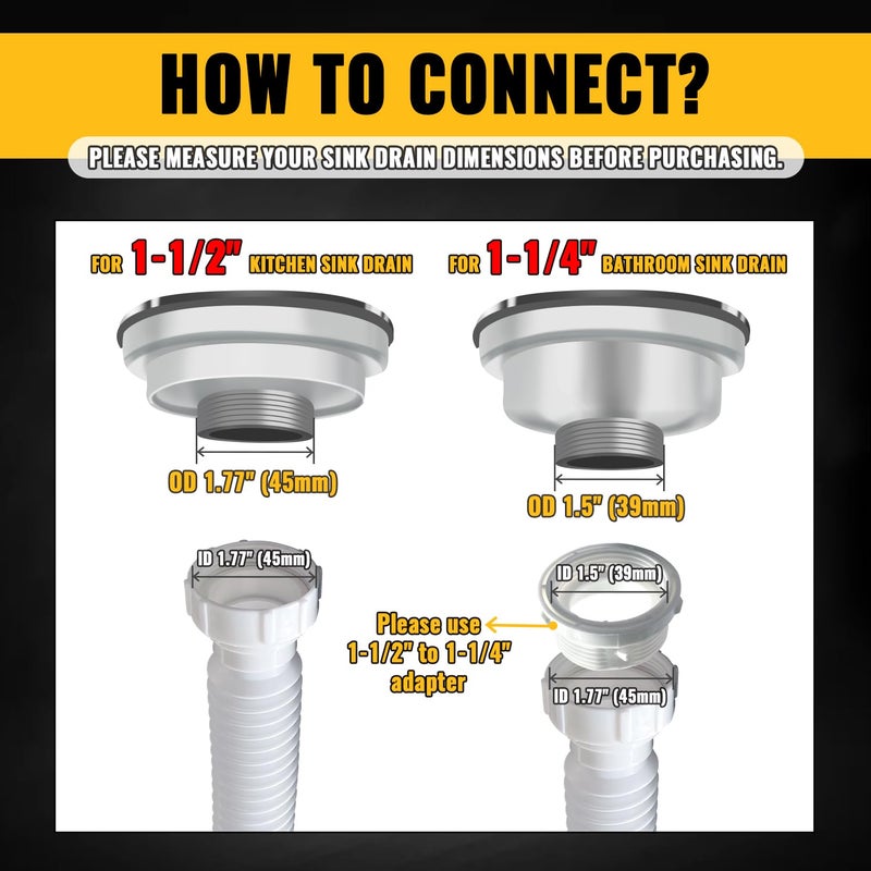 Vivida 1-1/2"" Sink Drain Pipe Kit  Flexible Drain Pipe P Trap  7.5""-17.7"" Flexible P Trap  Under Sink Plumbing For Bathroom & Kitchen  1-1/4"" Adapter Included  1 Pack - Image 5