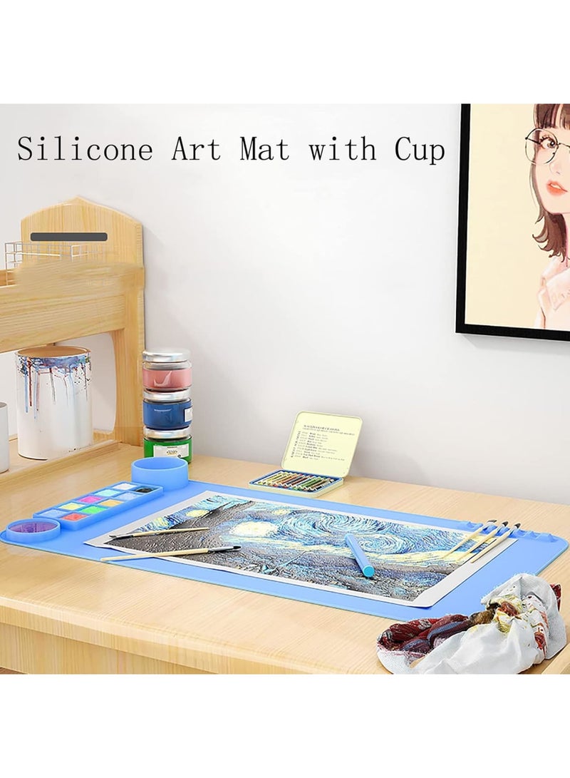 SYOSI Silicone Art Mat with Cup & Paint Holder,Silicone Painting Mat for Artists,Crafting & Kids,19.7"x11" Non-Stick Surface,Easy to Clean,Ideal for Painting,Drawing,and DIY Projects(2 Pack,Pink and Blue) - Image 2