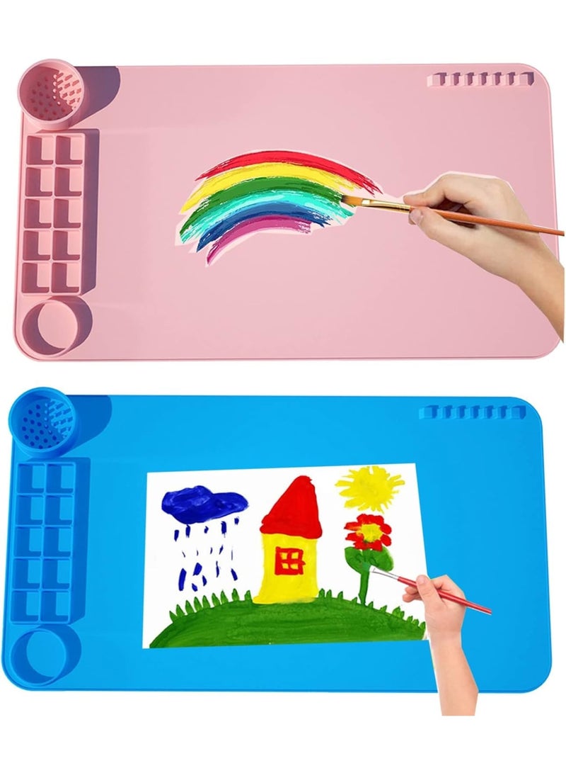 SYOSI Silicone Art Mat with Cup & Paint Holder,Silicone Painting Mat for Artists,Crafting & Kids,19.7"x11" Non-Stick Surface,Easy to Clean,Ideal for Painting,Drawing,and DIY Projects(2 Pack,Pink and Blue) - Image 1