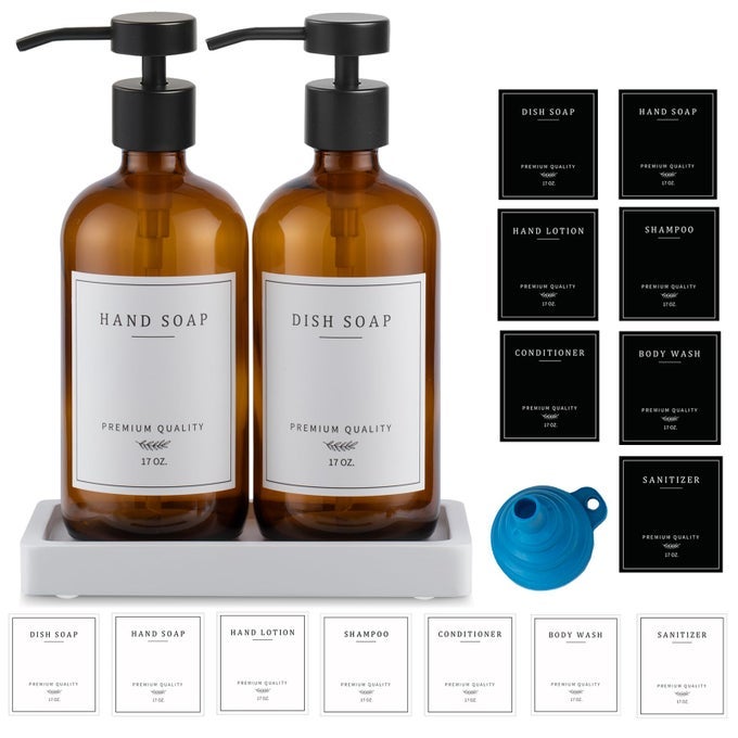 AMBER GLASS SOAP DISPENSER DISH HAND SOAP DISPENSER FOR KITCHEN BATHROOM SOAP LOTION DISPENSER WITH PUMP REFILLABLE LIQUID SOAP PUMP DISPENSER SET WITH TRAY AMBER BOTTLEBLACK PUMPPD