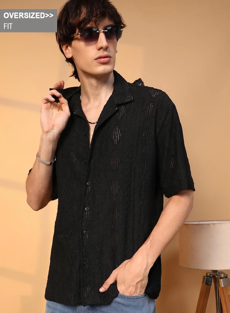 Campus Sutra Campus Sutra Men's Onyx Black Argyle-Textured Oversized Shirt For Casual Wear | Cuban Collar | Short Sleeve | Button Closure | Oversized Shirt Crafted With Comfort Fit For Everyday Wear