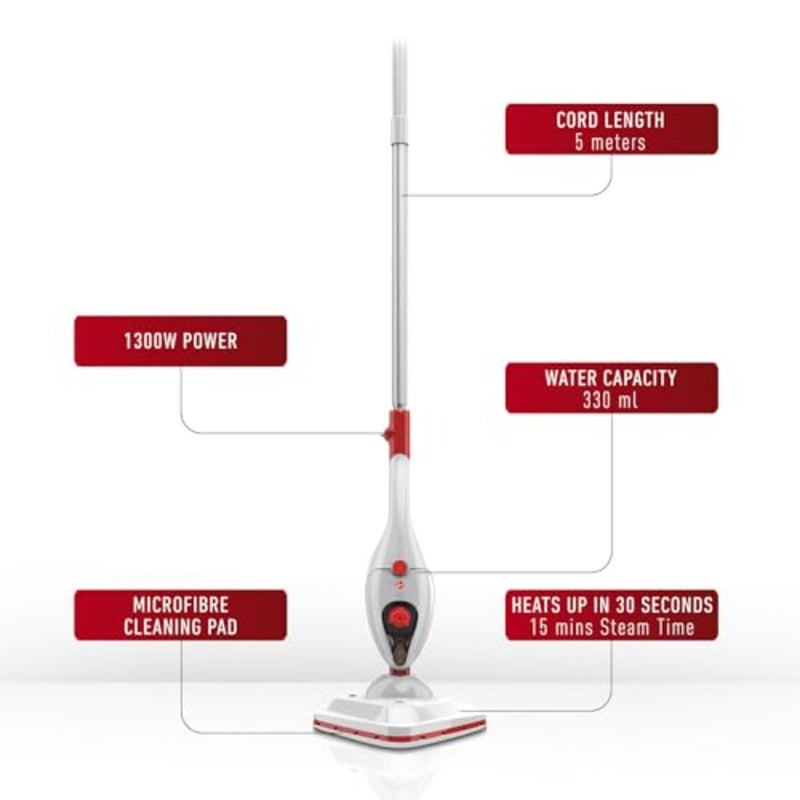 1300W steam cleaner for home and car cleaning, stainless steel body, white, detachable handheld with multi-surface tools - Image 2