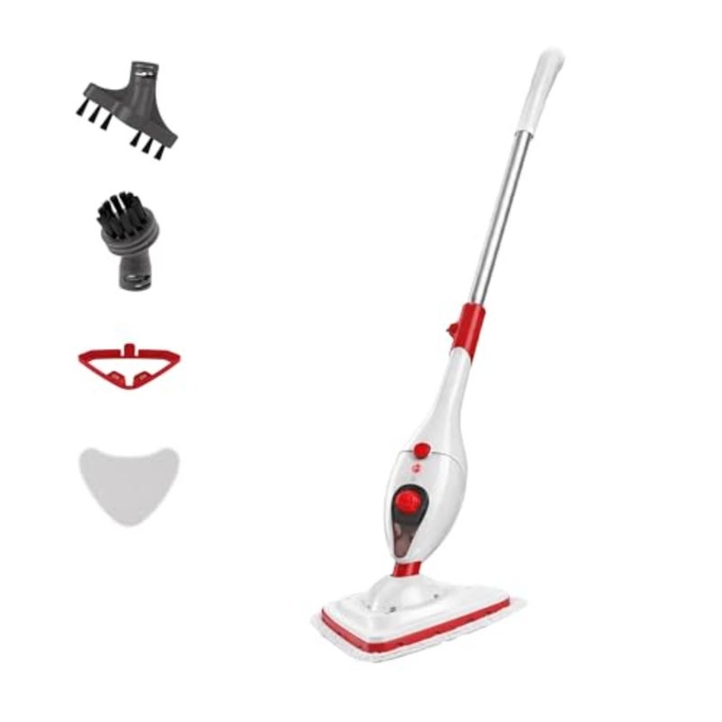 1300W steam cleaner for home and car cleaning, stainless steel body, white, detachable handheld with multi-surface tools - Image 1