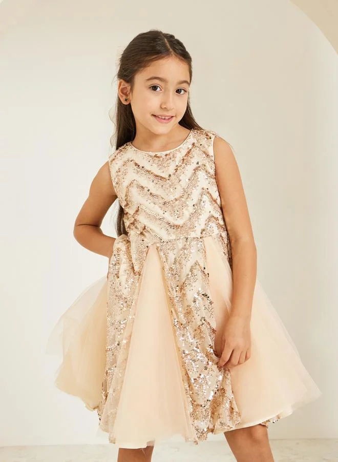 Styli Girls Gold Sequins Sleeveless Dress