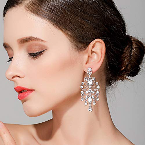 BriLove Wedding Bridal Dangle Earrings for Women Vintage Style Crystal Drop Hollow Filigree Chandelier Earring for Prom Accessories Clear Silver-Tone - Image 2