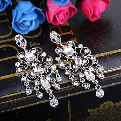 BriLove Wedding Bridal Dangle Earrings for Women Vintage Style Crystal Drop Hollow Filigree Chandelier Earring for Prom Accessories Clear Silver-Tone - Image 3