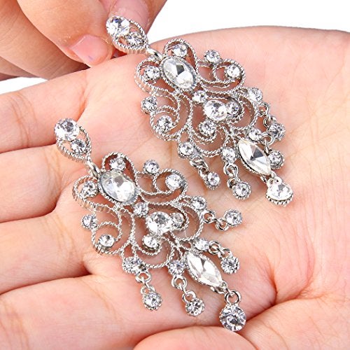 BriLove Wedding Bridal Dangle Earrings for Women Vintage Style Crystal Drop Hollow Filigree Chandelier Earring for Prom Accessories Clear Silver-Tone - Image 4