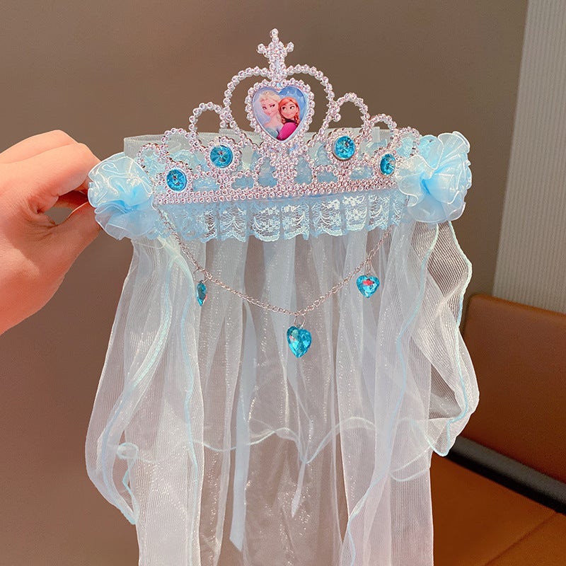 Generic Frozen Elsa Tiara Veil Princess Crown Kids Birthday Headwear 4# blue crown pendant