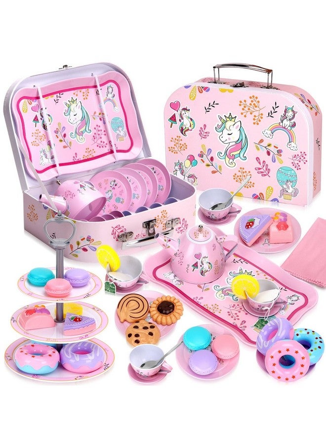 أوني 36 قطعة من ألعاب مجموعة الشاي للفتيات من القصدير لعبة حفلة الشاي التظاهر باللعب للفتيات الصغيرات والأطفال الصغار الحقيقيين لوقت الشاي مع أكياس فلتر الشاي وشرائح الليمون (لعبة يونيكورن) - Image 1