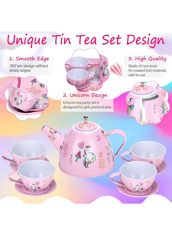 أوني 36 قطعة من ألعاب مجموعة الشاي للفتيات من القصدير لعبة حفلة الشاي التظاهر باللعب للفتيات الصغيرات والأطفال الصغار الحقيقيين لوقت الشاي مع أكياس فلتر الشاي وشرائح الليمون (لعبة يونيكورن) - Image 3