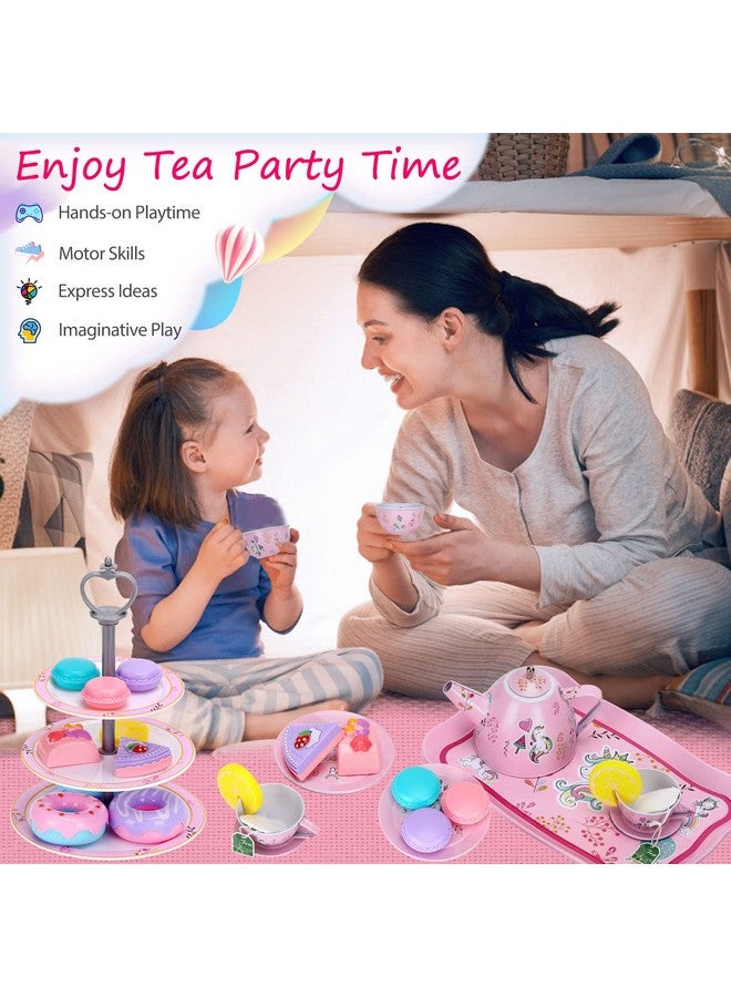 أوني 36 قطعة من ألعاب مجموعة الشاي للفتيات من القصدير لعبة حفلة الشاي التظاهر باللعب للفتيات الصغيرات والأطفال الصغار الحقيقيين لوقت الشاي مع أكياس فلتر الشاي وشرائح الليمون (لعبة يونيكورن) - Image 5