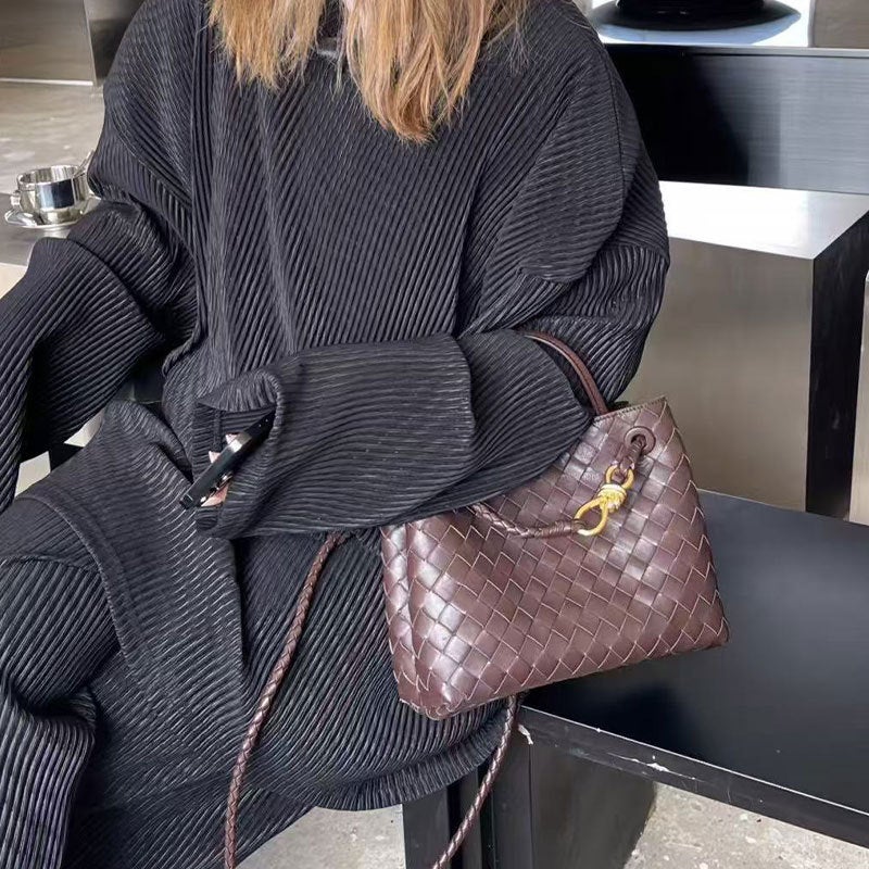 Sheepskin Woven Tote Bag High-Grade Genuine Leather Fashion Portable Large Capacity Shoulder Crossbody Bag - Image 4