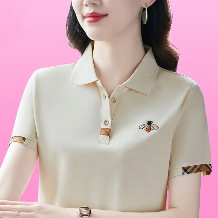 Middle-aged moms elegant lapel polo shirt Womens T-shirt short sleeve Western style summer new slimming loose top YB-833 Brown  - Image 5