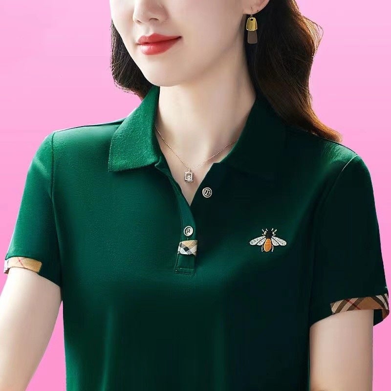 Middle-aged moms elegant lapel polo shirt Womens T-shirt short sleeve Western style summer new slimming loose top YB-833 Brown  - Image 4