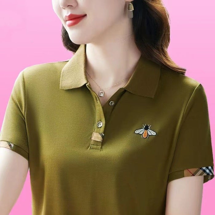 Middle-aged moms elegant lapel polo shirt Womens T-shirt short sleeve Western style summer new slimming loose top YB-833 Brown  - Image 2