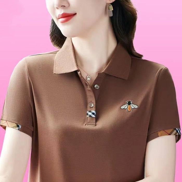 Middle-aged moms elegant lapel polo shirt Womens T-shirt short sleeve Western style summer new slimming loose top YB-833 Brown  - Image 1