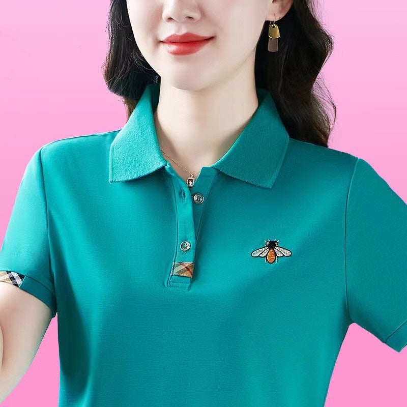 Middle-aged moms elegant lapel polo shirt Womens T-shirt short sleeve Western style summer new slimming loose top YB-833 Brown  - Image 3