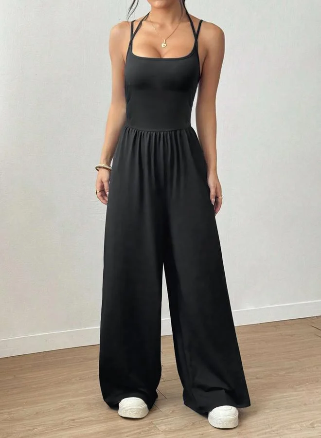 Take Two Black Strappy Wide Leg Jumpsuit