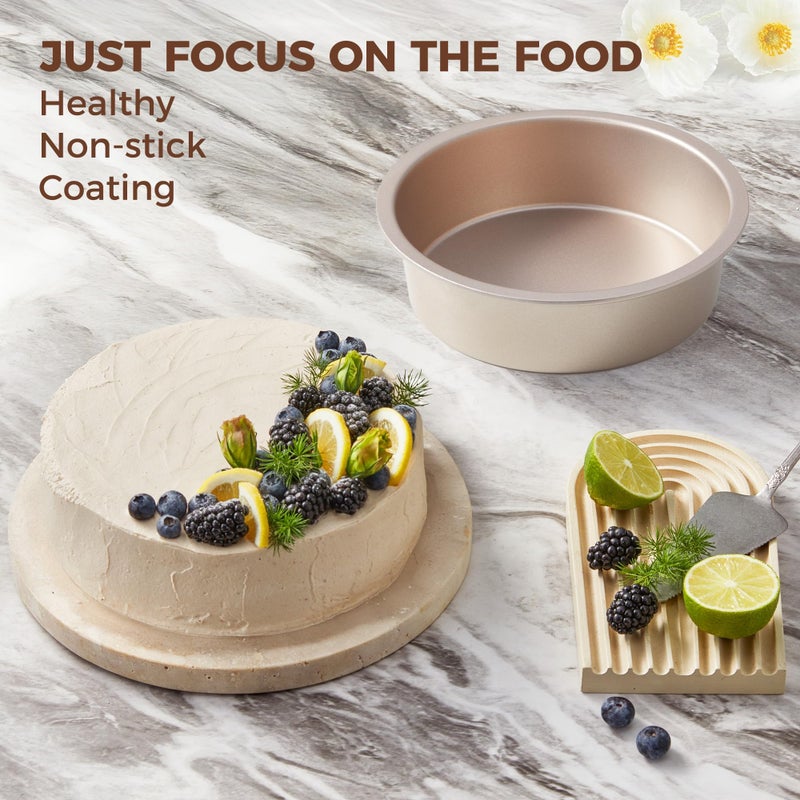 HONGBAKE 8 Inch Round Cake Pan Set for Baking with 2 Pcs Silicone Baking Sling Mats, Nonstick Circle Cake Pans Set of 2, 2.5" Deeper Layer Cake Tin for Oven, Cheesecake Mold, Huty Duty, Golden - Image 4