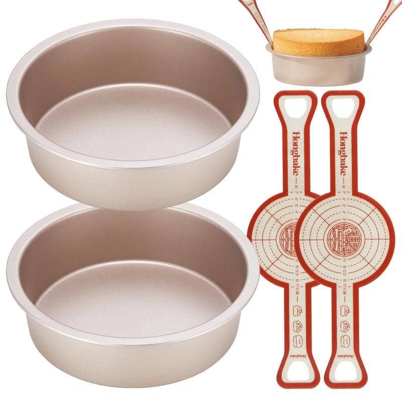 HONGBAKE 8 Inch Round Cake Pan Set for Baking with 2 Pcs Silicone Baking Sling Mats, Nonstick Circle Cake Pans Set of 2, 2.5" Deeper Layer Cake Tin for Oven, Cheesecake Mold, Huty Duty, Golden - Image 1