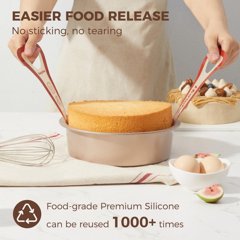 HONGBAKE 8 Inch Round Cake Pan Set for Baking with 2 Pcs Silicone Baking Sling Mats, Nonstick Circle Cake Pans Set of 2, 2.5" Deeper Layer Cake Tin for Oven, Cheesecake Mold, Huty Duty, Golden - Image 2