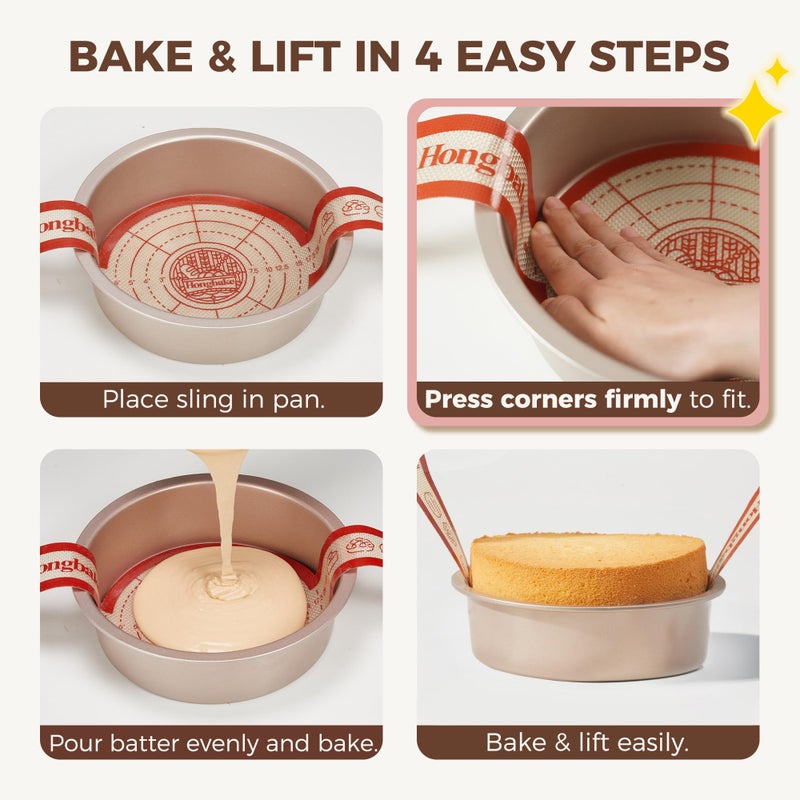 HONGBAKE 8 Inch Round Cake Pan Set for Baking with 2 Pcs Silicone Baking Sling Mats, Nonstick Circle Cake Pans Set of 2, 2.5" Deeper Layer Cake Tin for Oven, Cheesecake Mold, Huty Duty, Golden - Image 5