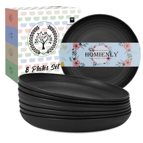Homienly Wheat Straw Plates Set - 11 inch Reusable Large Dinner Plates Set of 8, Lightweight Unbreakable Salad Plates, Microwave and Dishwasher Safe Plates, Deep Plates for Dinner, Camping - Black - Image 1