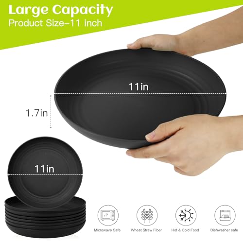 Homienly Wheat Straw Plates Set - 11 inch Reusable Large Dinner Plates Set of 8, Lightweight Unbreakable Salad Plates, Microwave and Dishwasher Safe Plates, Deep Plates for Dinner, Camping - Black - Image 2