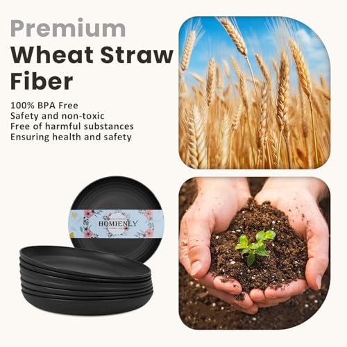 Homienly Wheat Straw Plates Set - 11 inch Reusable Large Dinner Plates Set of 8, Lightweight Unbreakable Salad Plates, Microwave and Dishwasher Safe Plates, Deep Plates for Dinner, Camping - Black - Image 3