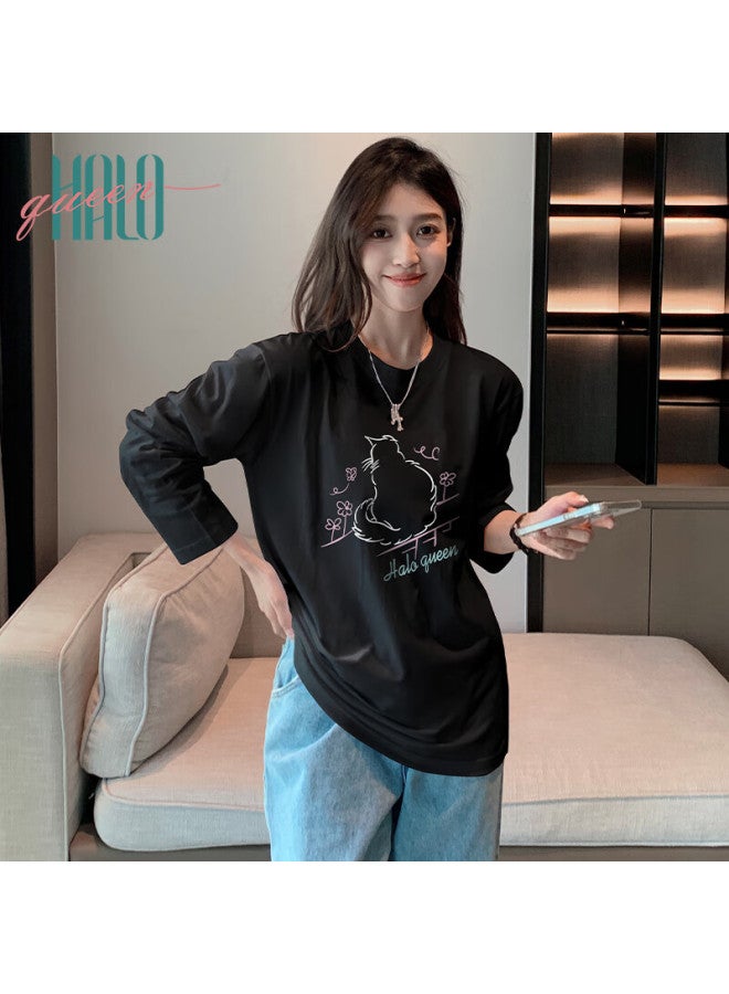 HALOQUEEN Halo Queen Long-sleeve T-shirt For Women, Spring And Autumn Thin Style, Round Neck, American Sweet Cool Cat Print, Base Layer Top, New Product - Image 5