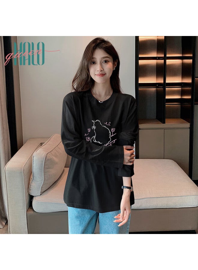 HALOQUEEN Halo Queen Long-sleeve T-shirt For Women, Spring And Autumn Thin Style, Round Neck, American Sweet Cool Cat Print, Base Layer Top, New Product - Image 1