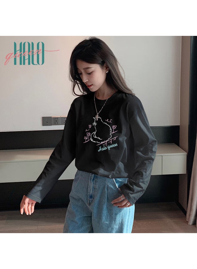 HALOQUEEN Halo Queen Long-sleeve T-shirt For Women, Spring And Autumn Thin Style, Round Neck, American Sweet Cool Cat Print, Base Layer Top, New Product - Image 4