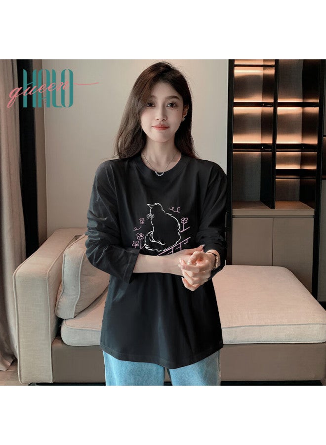 HALOQUEEN Halo Queen Long-sleeve T-shirt For Women, Spring And Autumn Thin Style, Round Neck, American Sweet Cool Cat Print, Base Layer Top, New Product - Image 2