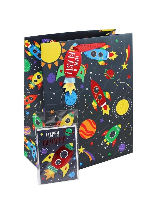 EuroWrap Fantastic Space Themed Gift Bag with Happy Birthday Gift Tag and Red Handle - Image 1