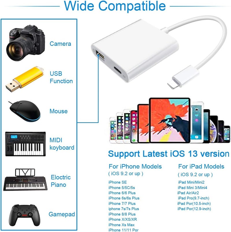 Lightning to USB with charging port OTG adapter (white), suitable for iPhone, tablet, can be connected to camera, card reader, U disk - Image 3