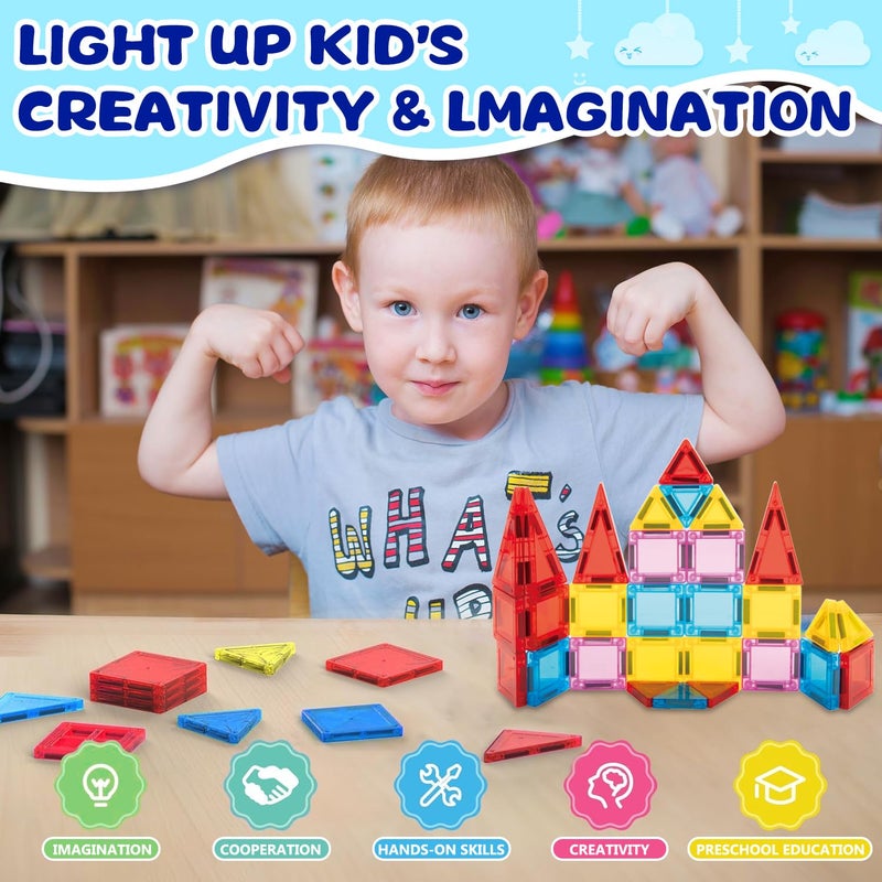 GEKETY Mini Magnetic Tiles for Kids, Magnetic Building Set, Construction STEM Travel Toys for Boy Girl Ages 3+, Montessori Preschool Learning Educational Sensory Magnet Creative Toy Gift for Toddlers, 32 Pcs - Image 4