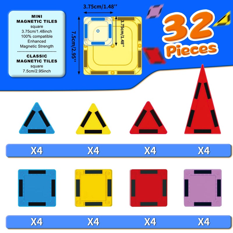 GEKETY Mini Magnetic Tiles for Kids, Magnetic Building Set, Construction STEM Travel Toys for Boy Girl Ages 3+, Montessori Preschool Learning Educational Sensory Magnet Creative Toy Gift for Toddlers, 32 Pcs - Image 2