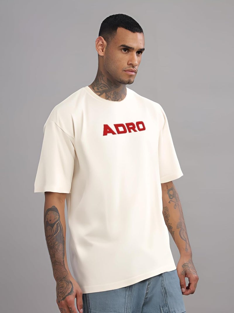 ADRO Men's Oversized Printed T-Shirt with Drop Shoulders - Beige - Image 3