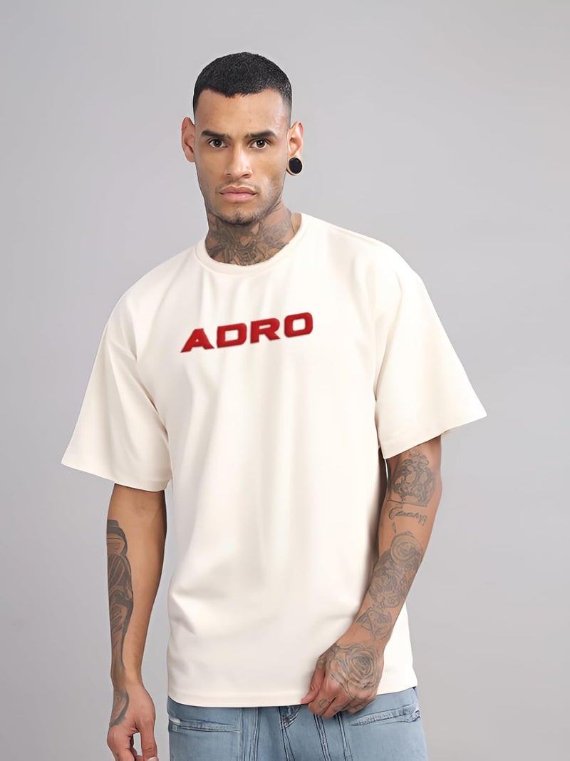 ADRO Men's Oversized Printed T-Shirt with Drop Shoulders - Beige - Image 2