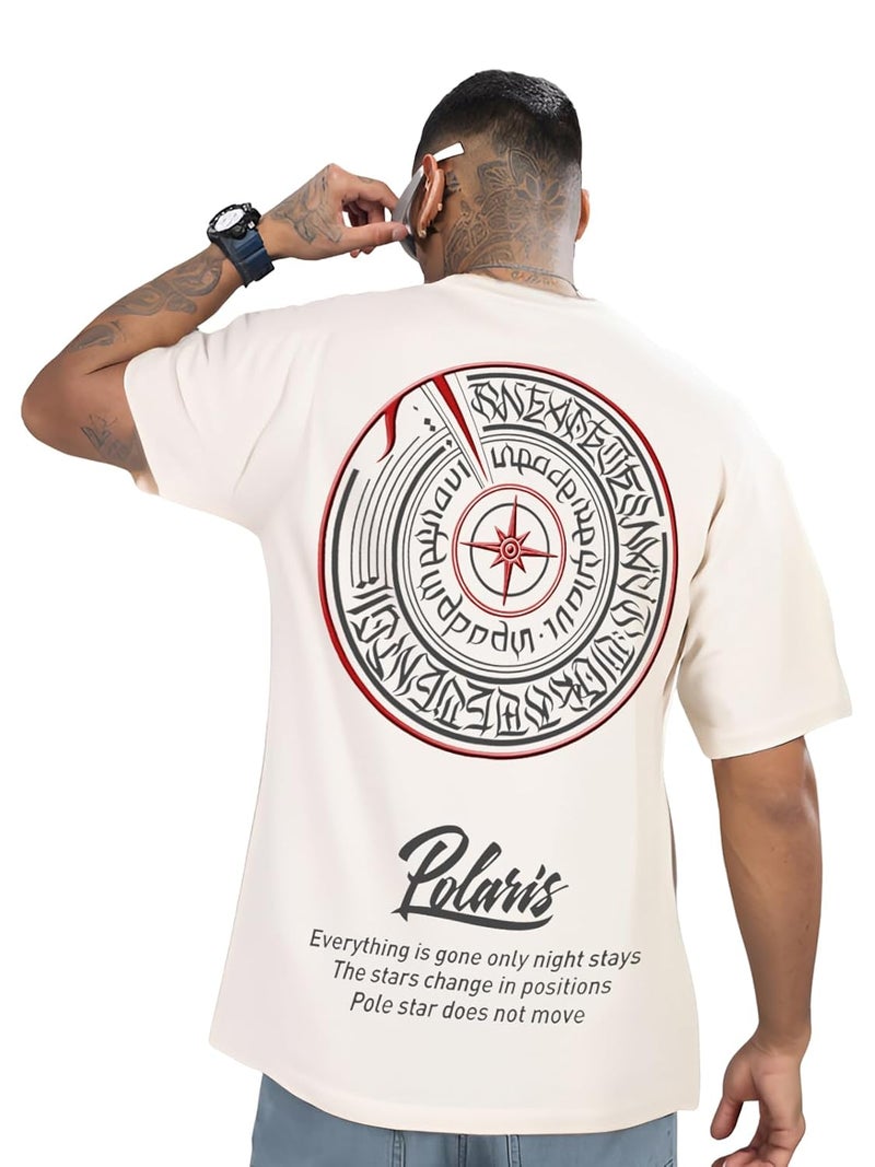 ADRO Men's Oversized Printed T-Shirt with Drop Shoulders - Beige - Image 1