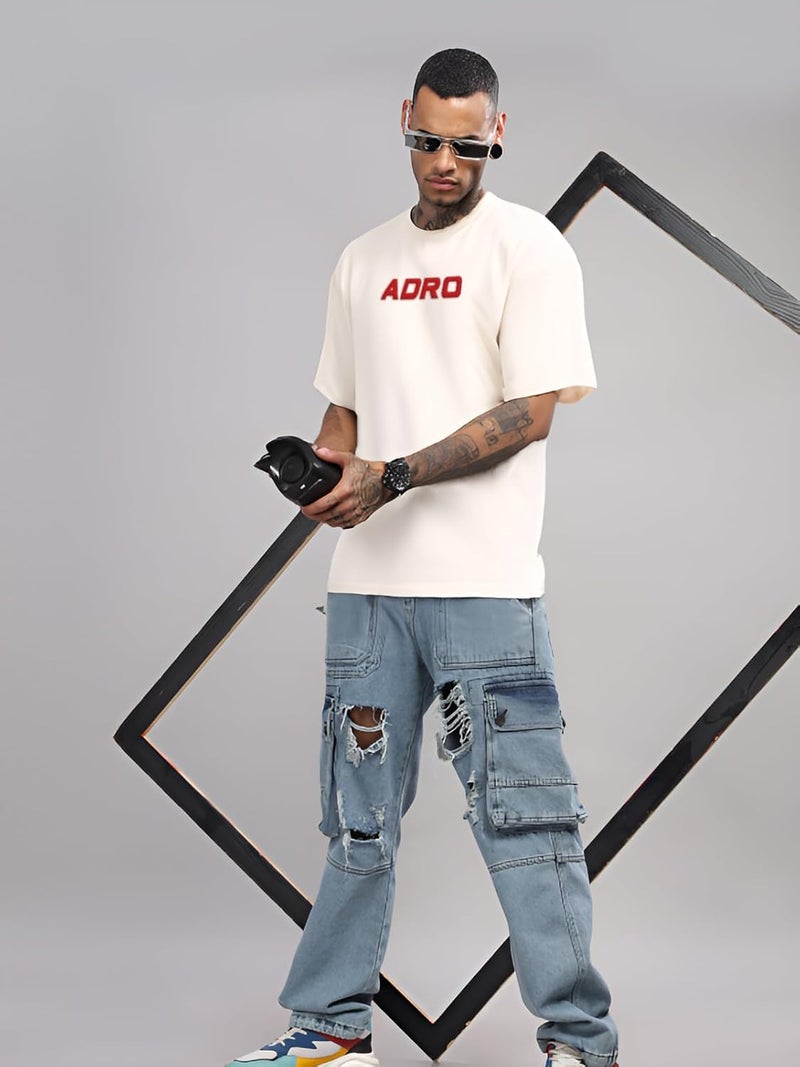 ADRO Men's Oversized Printed T-Shirt with Drop Shoulders - Beige - Image 4