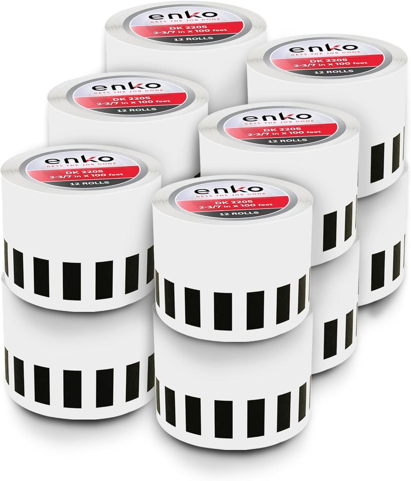 enKo Products enKo - Compatible DK-2205 Continuous Adhesive Thermal Labels (2.4 Inch x 100 Feet) Compatible Labels for Brother Label Printer QL-820NWB QL-800 QL-810W - [12 Rolls, No Cartridge Frames] - Image 1