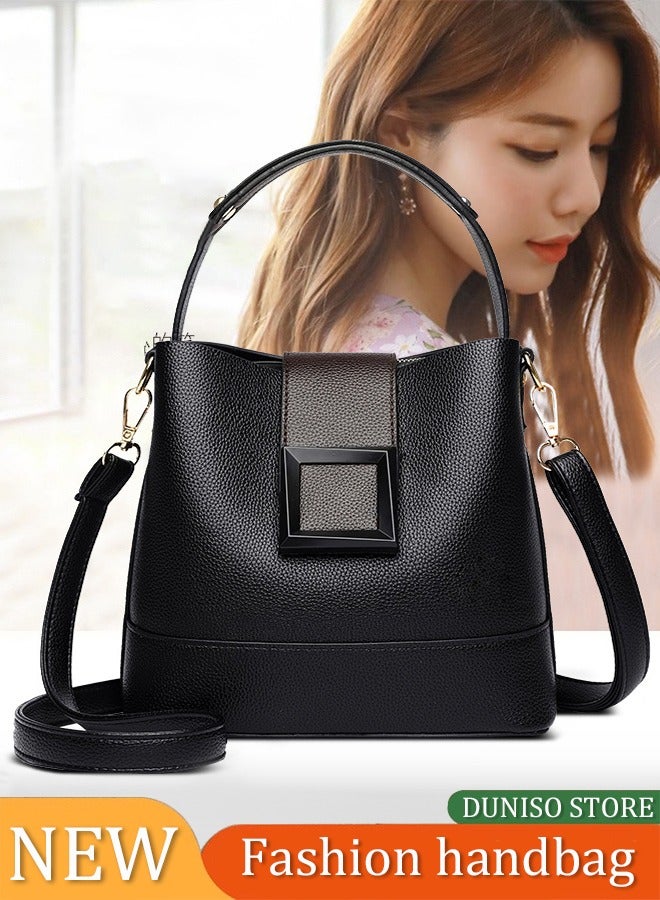 DUNISO Women's crossbody bag, PU leather bucket shaped handbag, adjustable shoulder strap, with square magnetic buckle, suitable for storing mobile phones, power banks, umbrellas, cosmetics, 21 * 35 * 19cm, black - Image 1